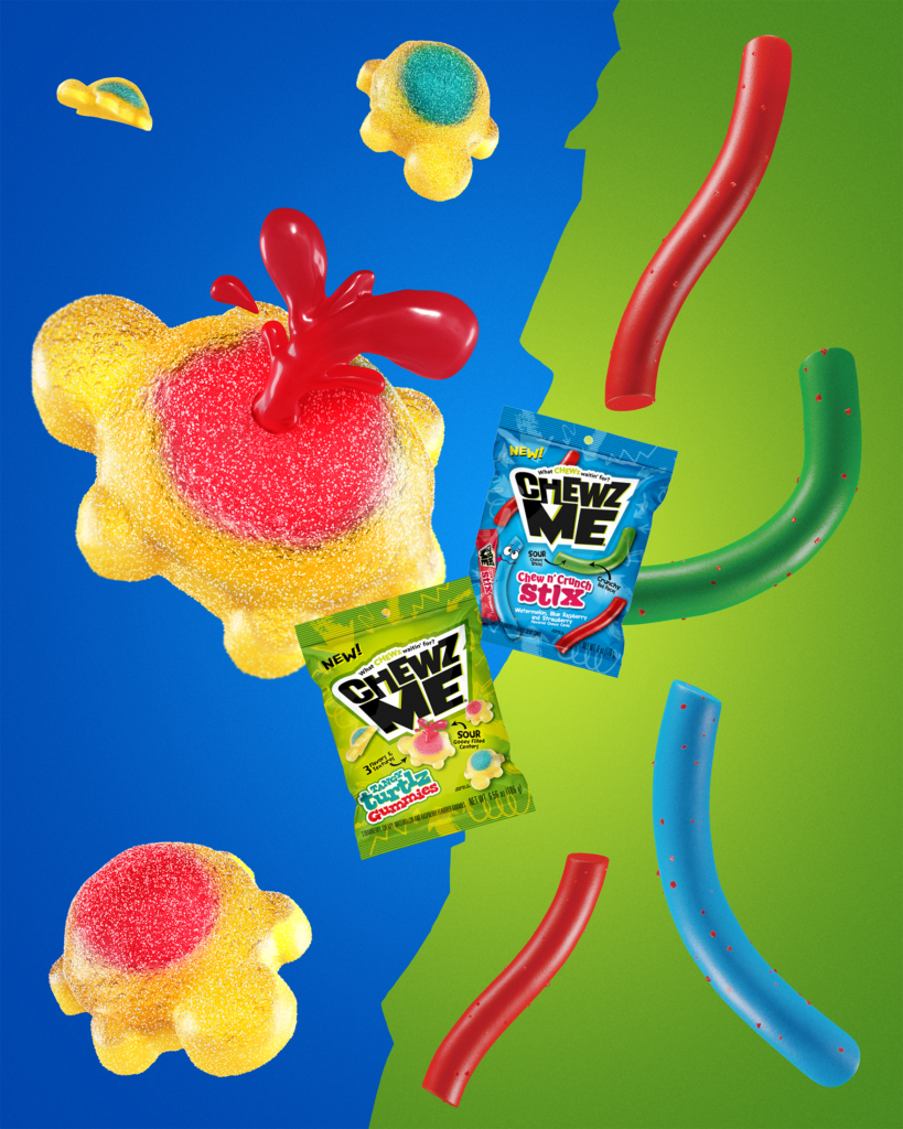 Chewz Me 3D CGI renders — Tangy Turtlz Gummies and Chew N'Crunch Stix