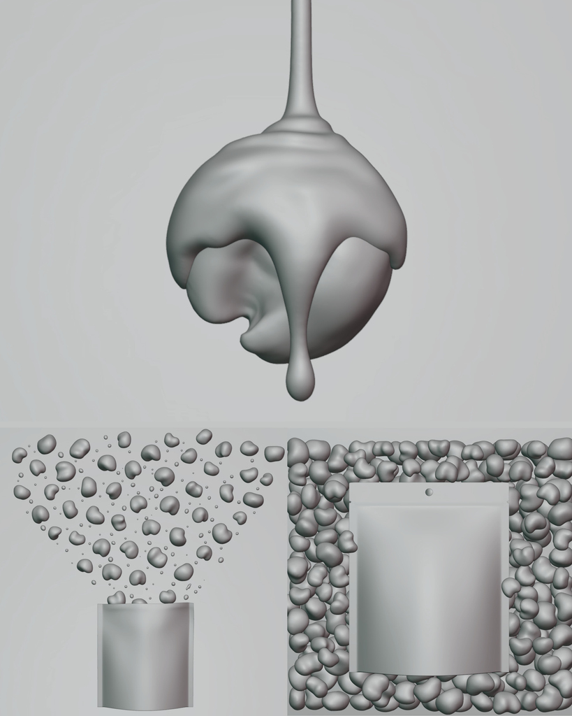 Clay render das cenas do Bauducco Choco Pipoca — geometria sem material nem cor