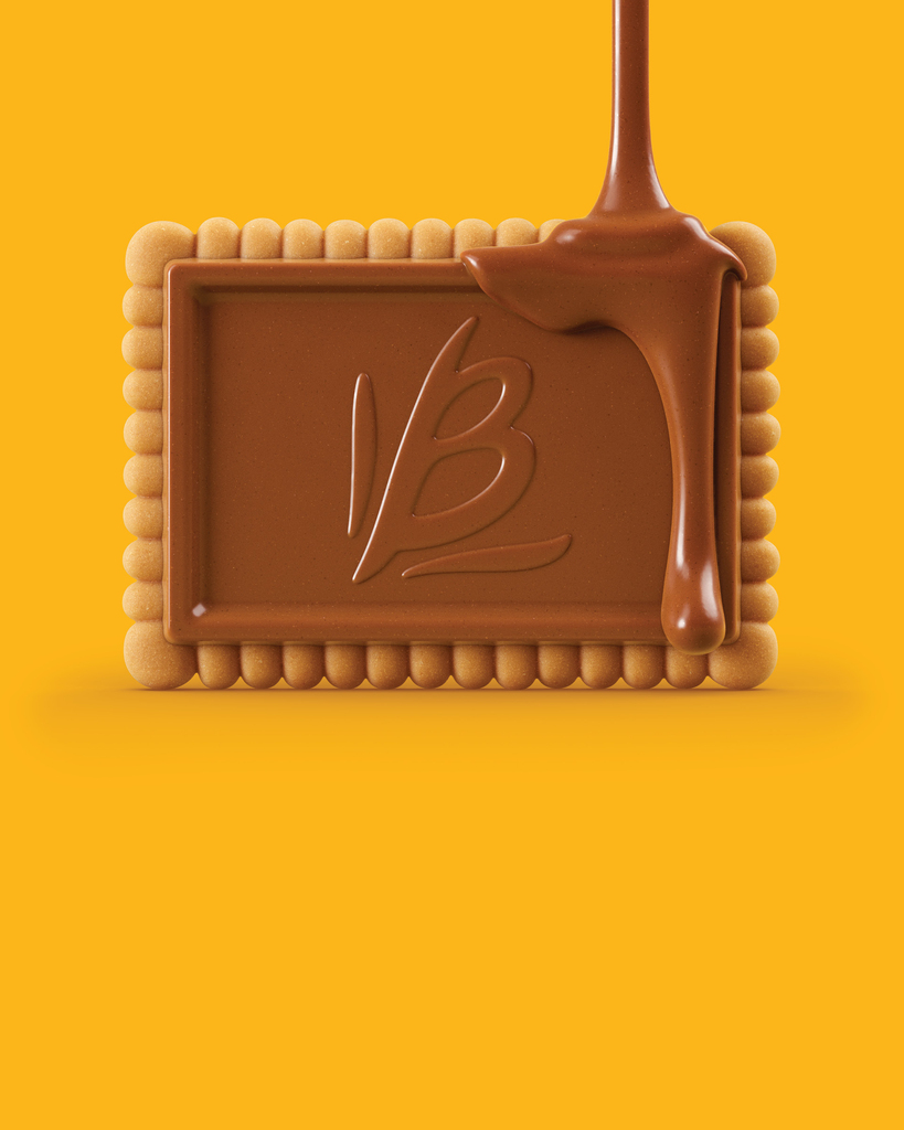 Chocolate ao leite sendo despejado sobre o biscoito Bauducco — CGI 3D