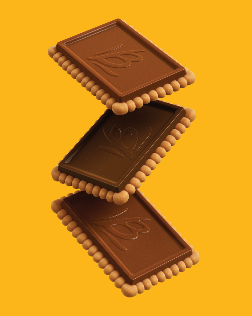 Três biscoitos Choco Biscuit ao Leite flutuando — CGI 3D