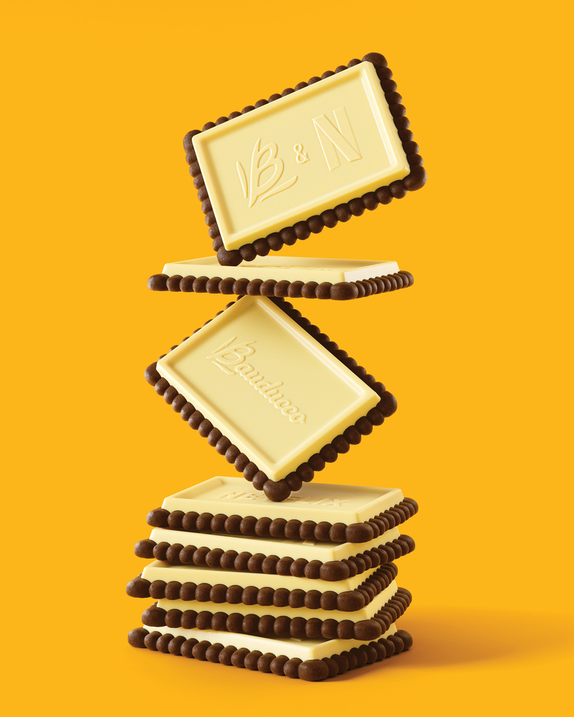 Pilha de biscoitos Bauducco Choco Biscuit Branco com peças flutuando — CGI 3D