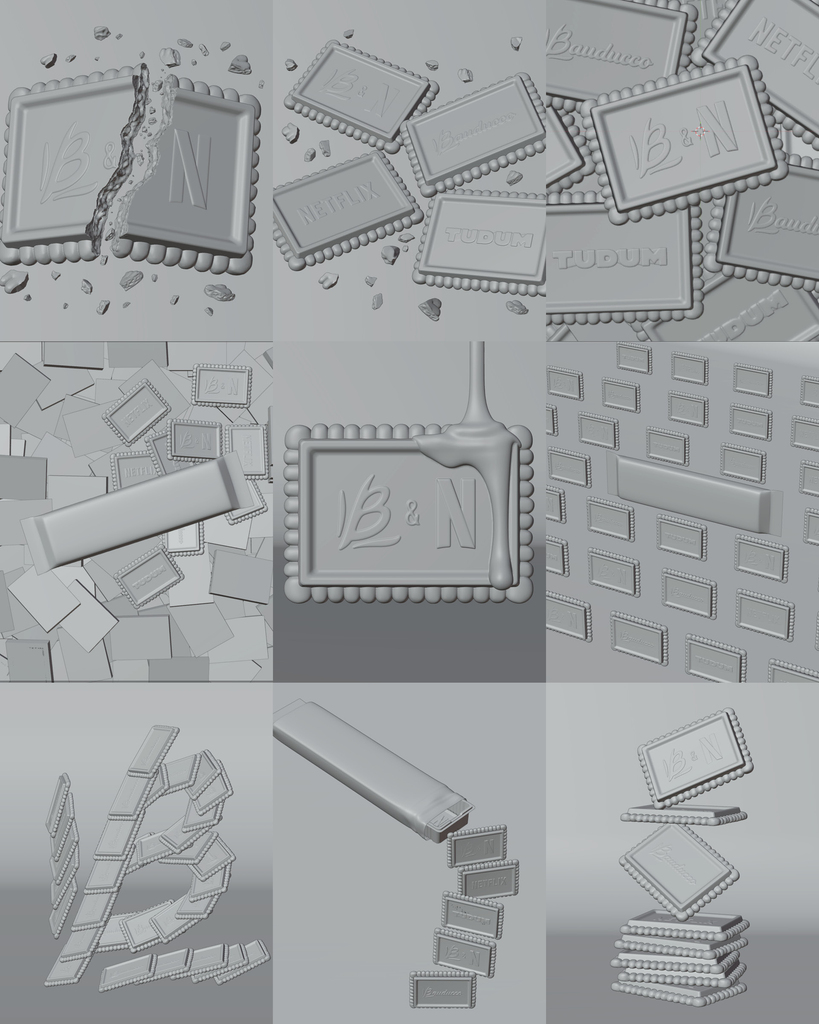 Clay renders das composições do Choco Biscuit Branco — geometria sem material nem cor