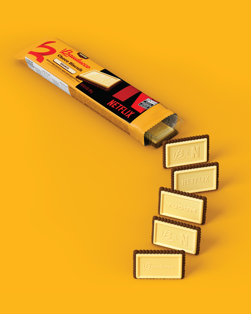 Embalagem Bauducco Choco Biscuit Branco Netflix com biscoitos em diagonal — CGI 3D