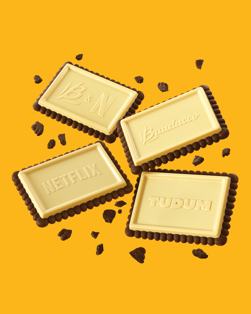 Biscoitos Choco Biscuit Branco espalhados com migalhas — CGI 3D