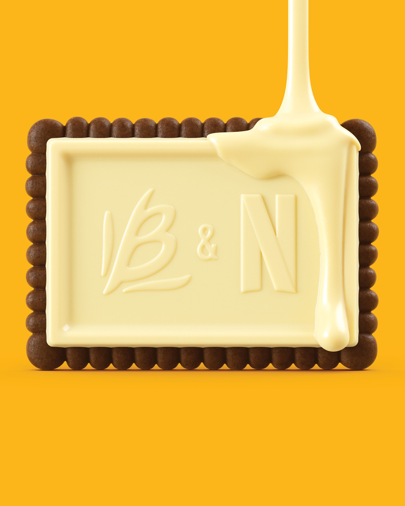 Chocolate branco sendo despejado sobre biscoito com relevo B&N — CGI 3D