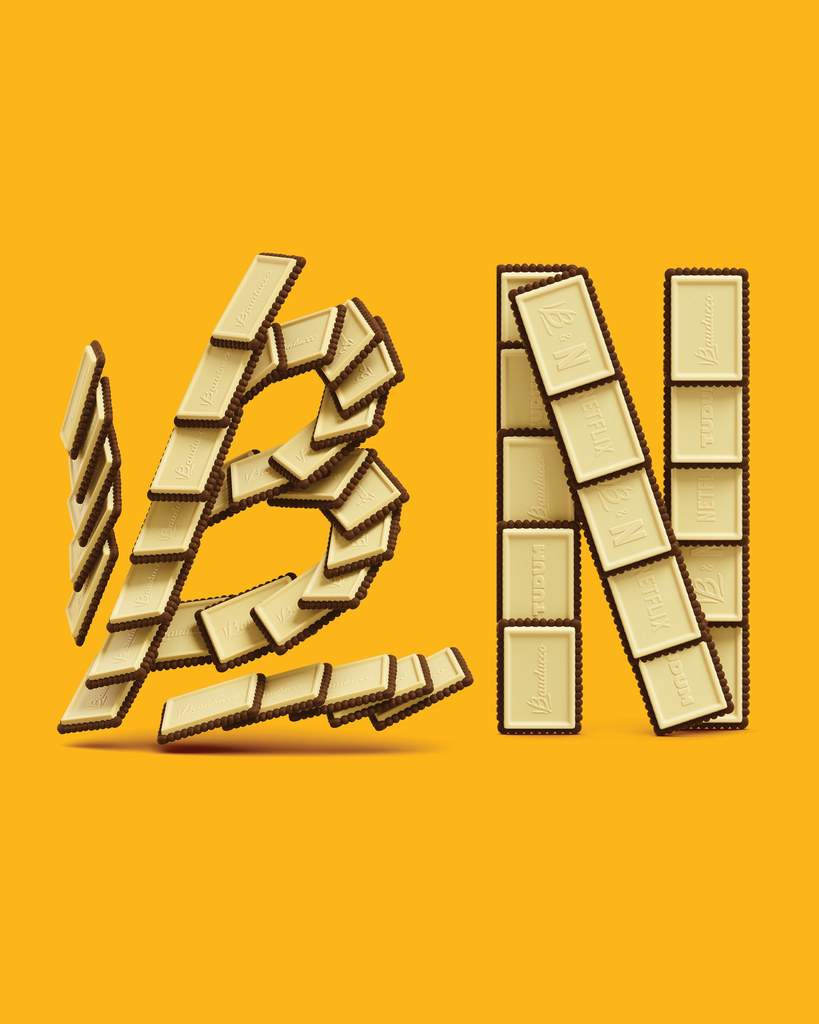 Letras B e N construídas com biscoitos Bauducco Choco Biscuit Branco — CGI 3D