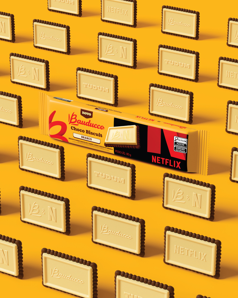 Grade de biscoitos Choco Biscuit Branco com a embalagem Netflix — CGI 3D