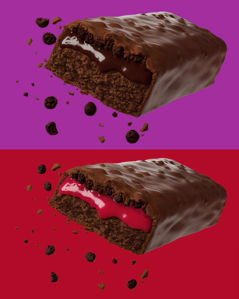 3D render of Bold protein bars, Brownie & Crispies and a chocolate-coated filled flavour