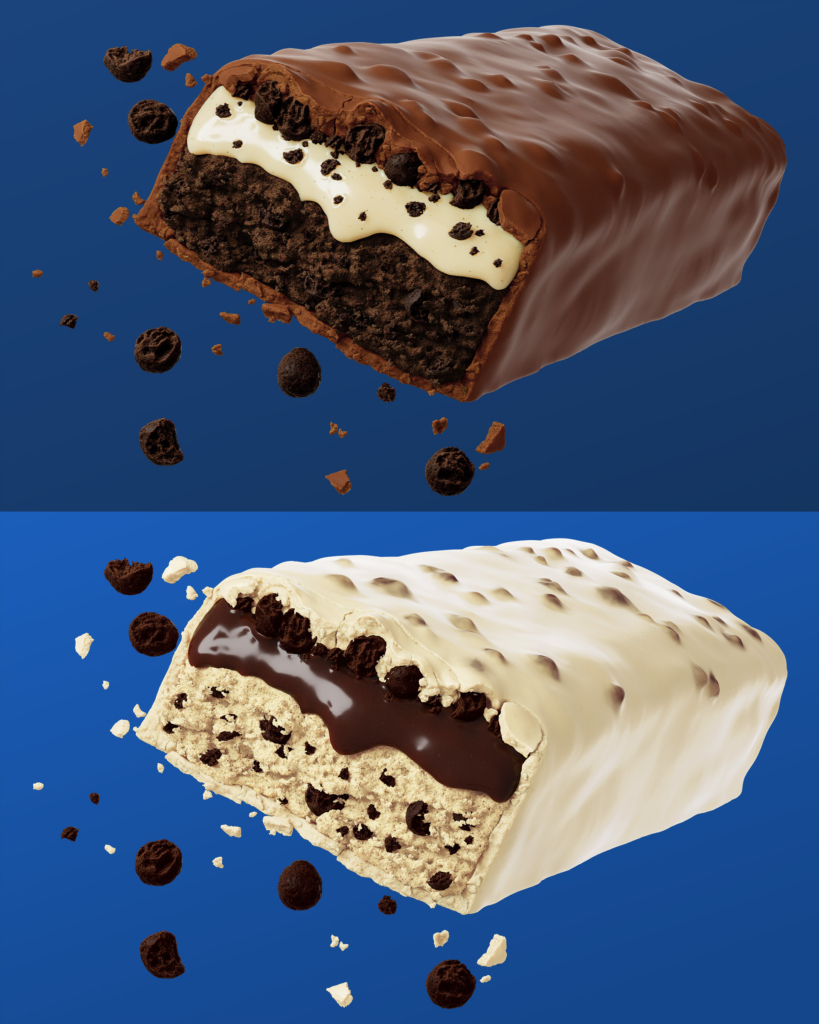 3D renders of Bold protein bars, cookies and cream variations in chocolate and white coating