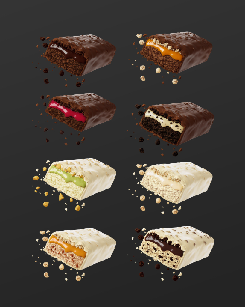3D renders of the full Bold protein bar flavour line, cut bars side by side