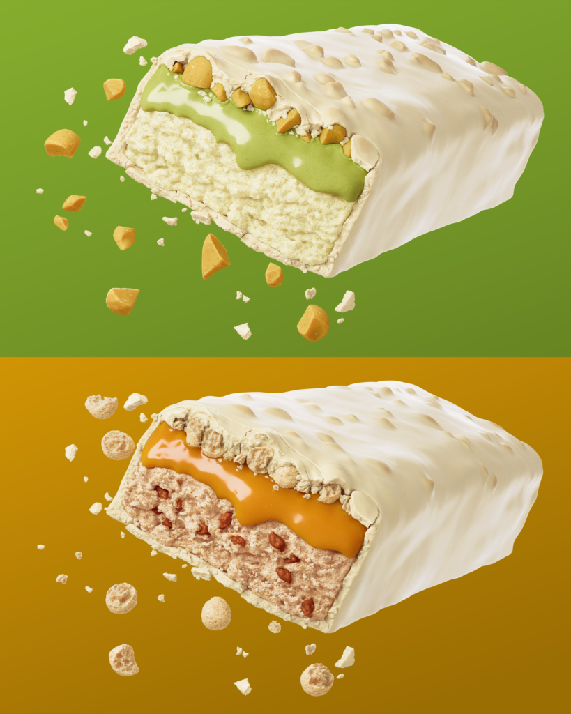 3D render of Bold protein bars, Pistachio and Banoffee flavours