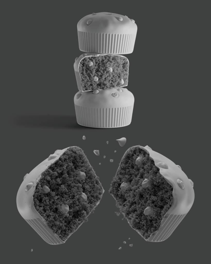 3D bolinho Bauducco com gotas de chocolate — clay render