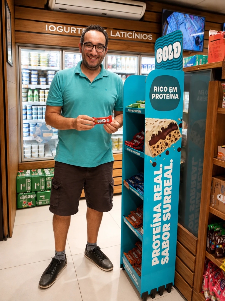 Thiago Christo next to a Bold protein bar floor display that uses the 3D bar render, Brazil