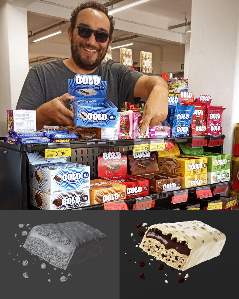 Thiago Christo next to Bold protein bars on a supermarket shelf in Brazil