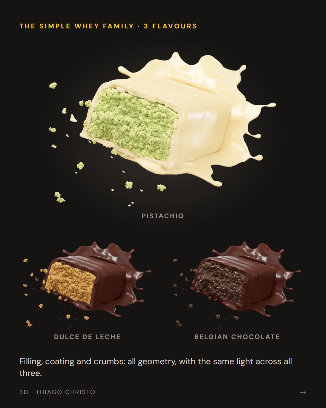 3D renders of the PINATI Simple Whey bars: pistachio, dulce de leche and Belgian chocolate