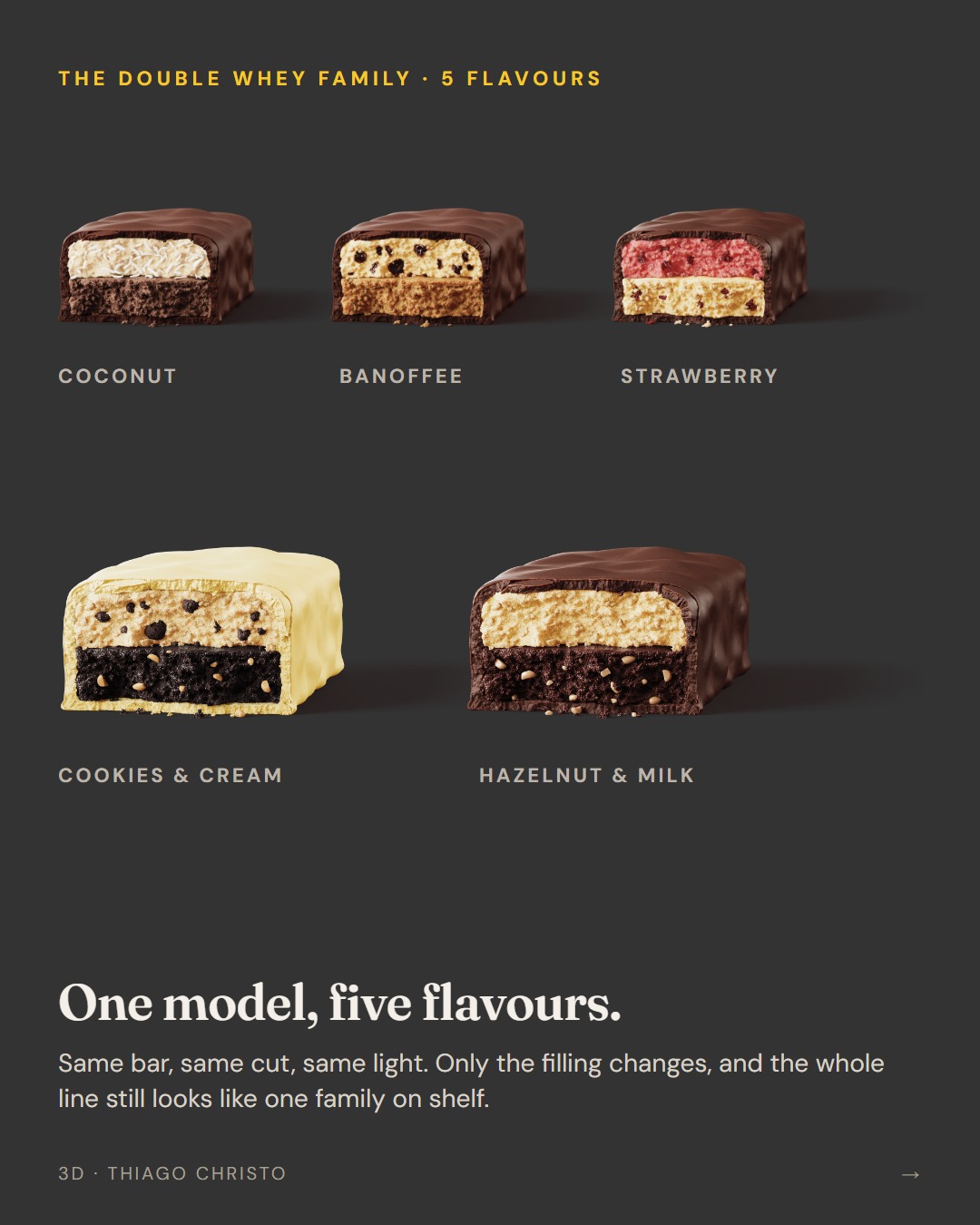 3D renders of the five PINATI Double Whey flavours