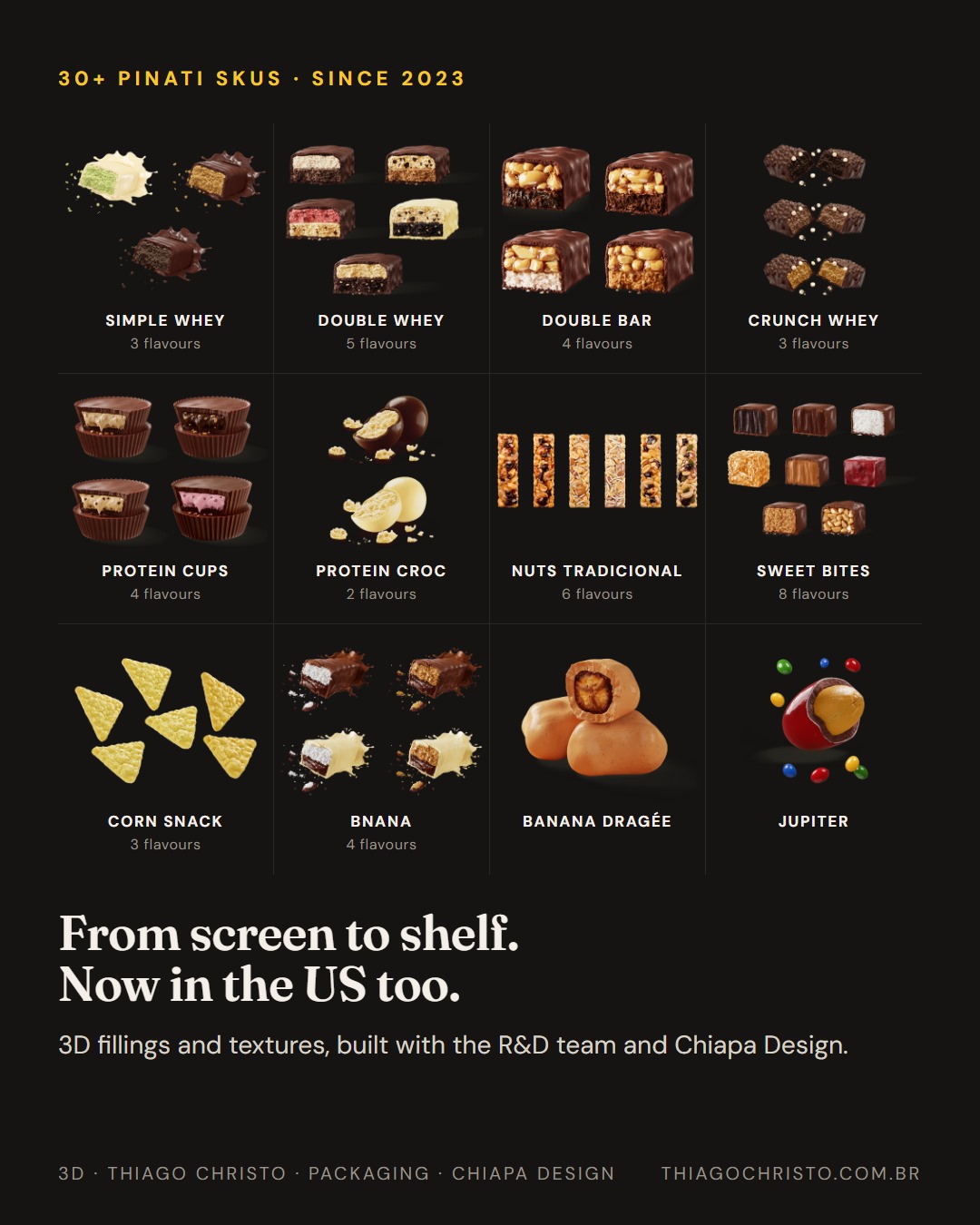 Grid of 12 PINATI product lines rendered in 3D, from protein cups to corn snacks